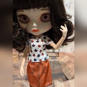 2 piece outfit orange knee high skirt + white t-shirt with cat faces 11.5" dolls